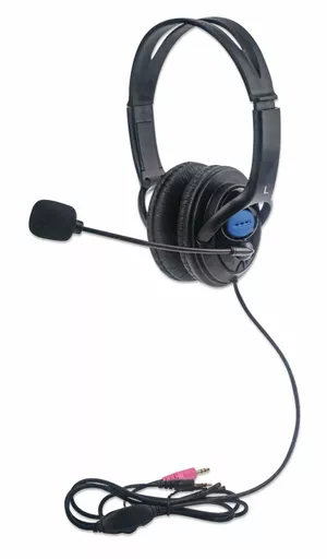 Manhattan Stereo Headset (Clearance Pricing), Lightweight, adjustable microphone, in-line volume control, padded cloth ear cushions, two 3.5mm jack input plugs, cable 2m, Black, 3 year warranty, Box