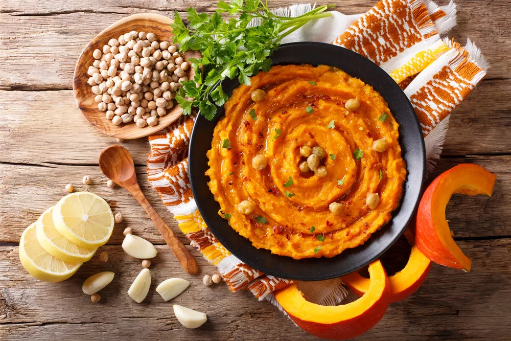 Roasted Pumpkin Hummus with Mini Breadsticks