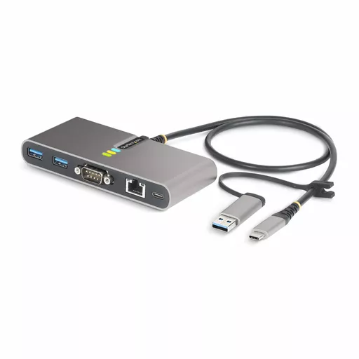 StarTech.com 2-Port USB-C Hub with Ethernet and RS-232, Attached USB-C to USB-A Dongle, 100W PD Pass-Through, 2x USB-A 5Gbps, Gigabit Ethernet, RS232 Serial (FTDI)