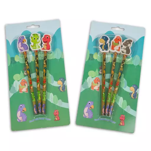 Dinosaur 3 Pencils with Erasers in Blisterpack