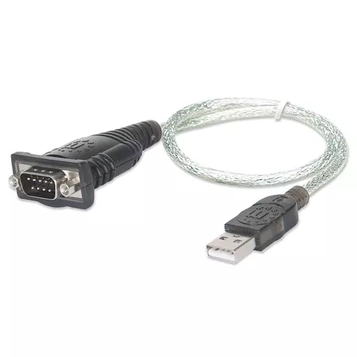 Manhattan USB-A to Serial Converter cable, 45cm, Male to Male, Serial/RS232/COM/DB9, Prolific PL-2303RA Chip, Equivalent to ICUSB232V2, Black/Silver cable, Three Year Warranty, Blister