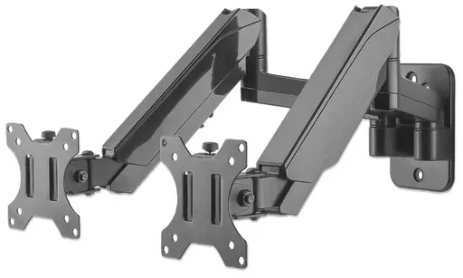 Manhattan TV & Monitor Mount, Wall, Full Motion (Gas Spring), 2 screens, Screen Sizes: 17-32", Black, Dual Screen, VESA 75x75 to 100x100mm, Max 8kg (each), Tilt & Swivel with 3 Pivots, Lifetime Warranty