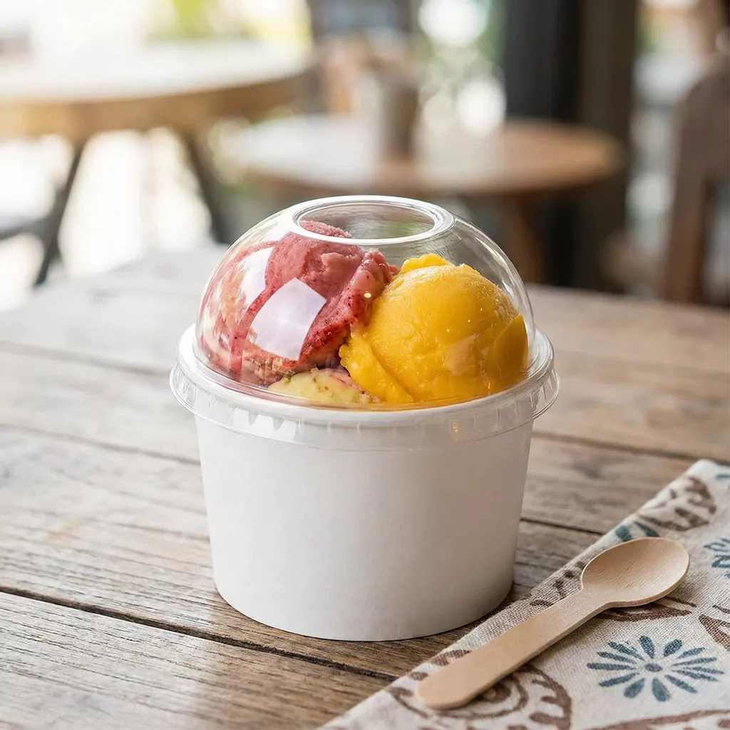 Clear dome lids for ice cream cups in 3oz, 5oz, 8oz and 12oz