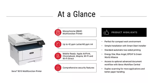 Xerox B315 Multifunction Printer, Print/Scan/Copy, Black and White Laser, Wireless, All In One