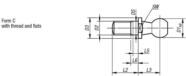 Ball End Pin For Angle Joint With Threaded Pin. M6 Thread. 10mm Diameter.