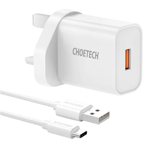 Choetech - 18W Qualcomm QC3.0 USB 3-Pin UK Charging Plug & 1m USB-C Cable - White