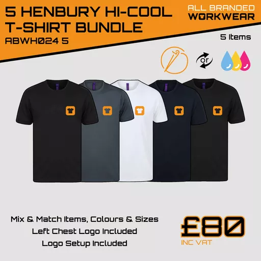 5 Henbury Hi Cool Performance T-shirt Bundle Deal