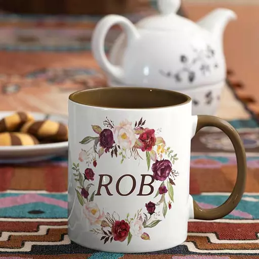 Personalised Brown Coloured Inside Name Mug - Rustic Wreath