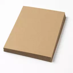 Stack of 25 blank A5 brown kraft card sheets on a white background, 300gsm thickness, ideal for crafting and invitations.