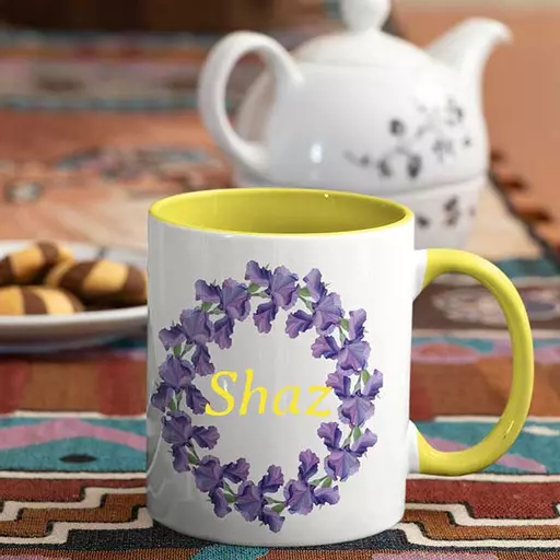 Personalised Yellow Coloured Inside Name Mug - Purple Wreath