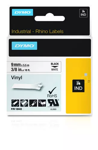 Dymo 18443/S0718580 Ribbon Vinyl black on white 9mm x 5,5m for Dymo Rhino 6-12mm/19mm/24mm