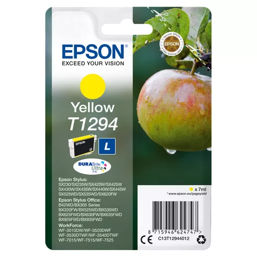 Epson C13T12944012/T1294 Ink cartridge yellow, 515 pages ISO/IEC 19752 7ml for Epson Stylus BX 320/SX 235 W/SX 420/SX 525/WF 3500