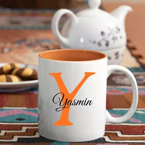 Name and Initial - Personalised Orange Coloured (White Handle) Mug