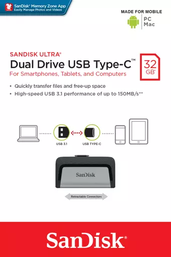 SanDisk Ultra Dual Drive USB Type-C USB flash drive 32 GB USB Type-A / USB Type-C 3.2 Gen 1 (3.1 Gen 1) Black, Silver