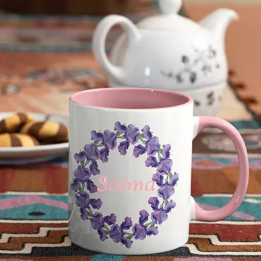 Personalised Pink Coloured Inside Name Mug - Purple Wreath