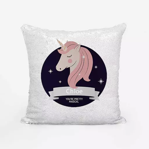 Gift a magical unicorn cushion. Brush the sequins to reveal the surprise. Custom name