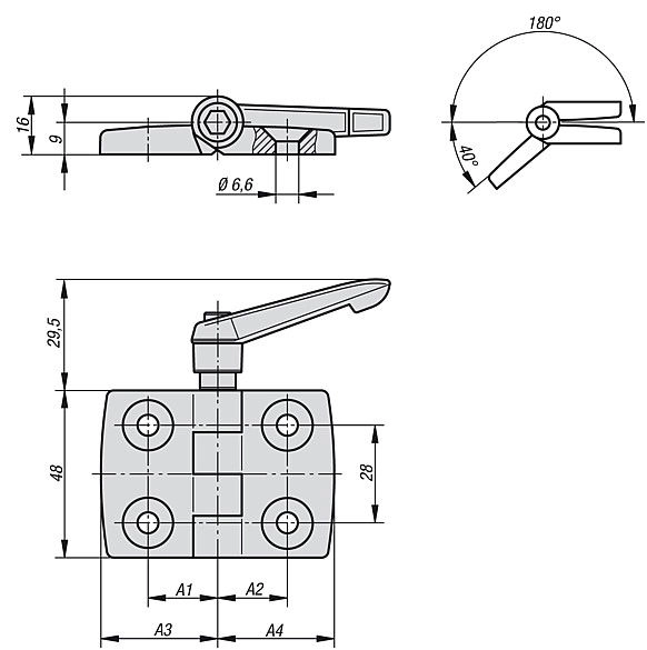 Hinge With Locking Lever. Plastic & Steel. 52x48mm.