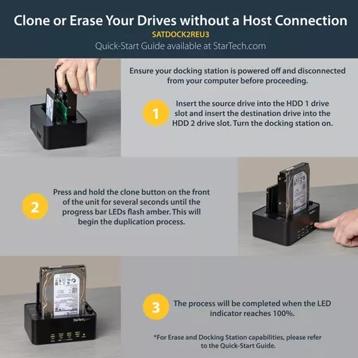 StarTech.com Dual Bay Hard Drive Duplicator and Eraser, Standalone SATA HDD/SSD Cloner/Copier, USB 3.0 to SATA Docking Station, Hard Drive Duplicator and Sanitizer Dock, Toolless / Top-Loading Design