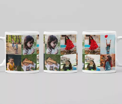 Personalised ceramic mug with full-wrap collage of 8 custom photos