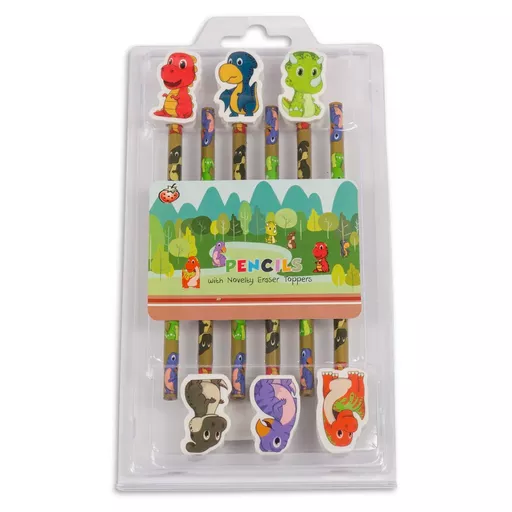 Dinosaur 6 Pencils with Erasers in Blisterpack