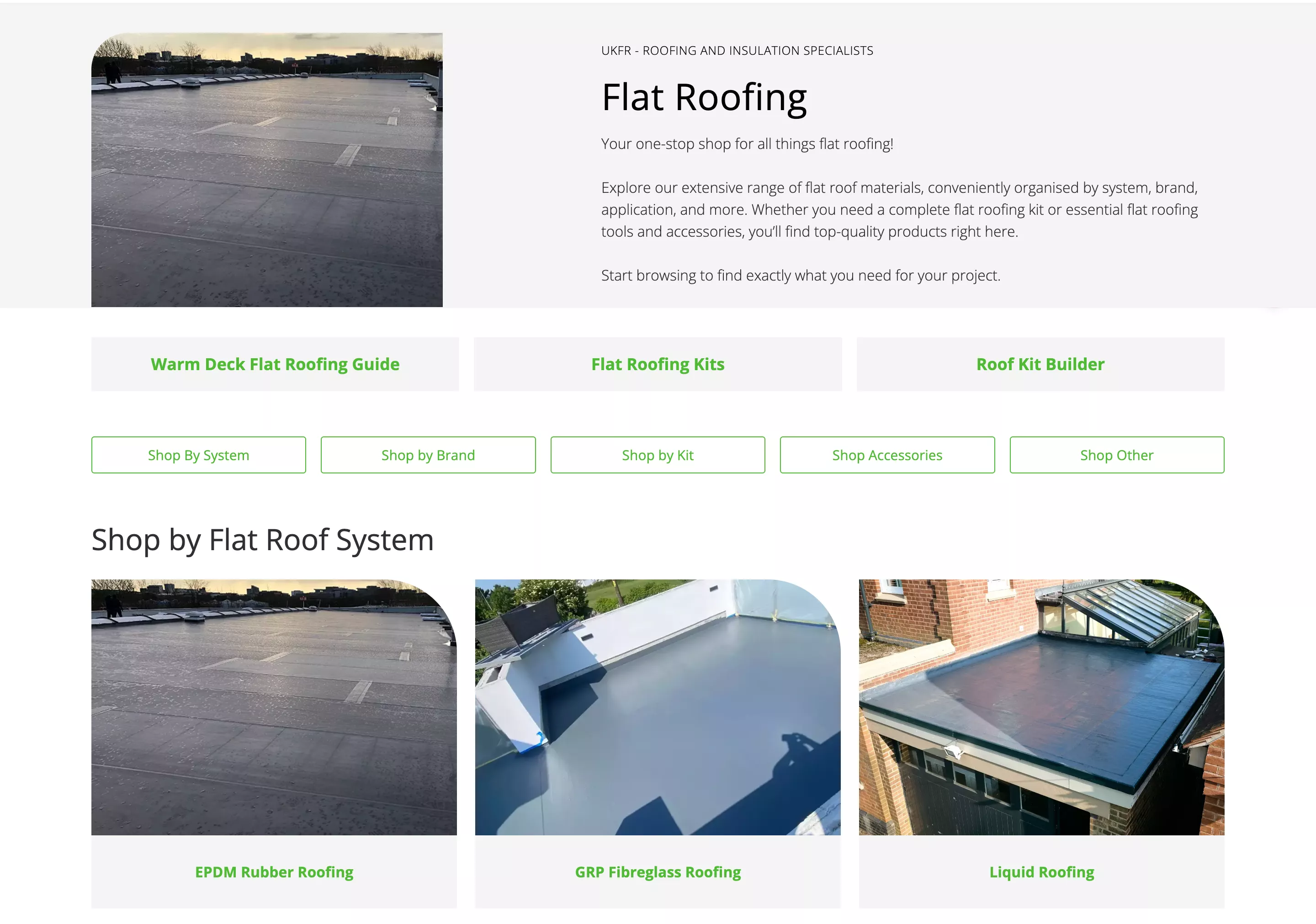 Screenshot of the UK Flat Roofing website category page