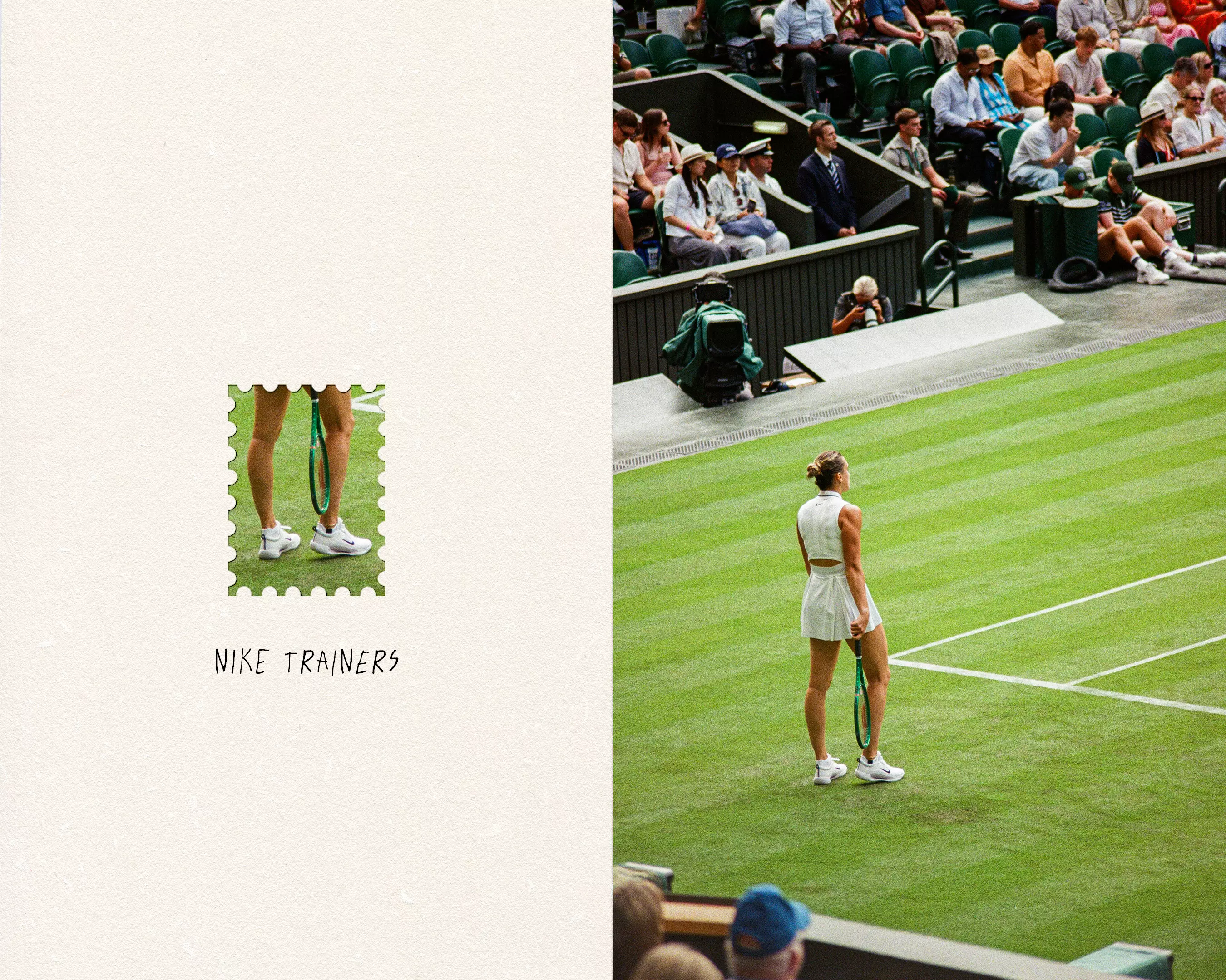 Film photo of Sabalenka on Centre Court at Wimbledon with a mini cut out stamp close up shot of her Nike trainers.
