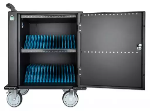 Manhattan Charging Cabinet/Cart via USB-C x32 Devices, Trolley, Power Delivery 18W per port (576W total), Suitable for iPads/other tablets/phones/smaller chromebooks, Bays 330x22x235mm, Device charging cables not included, Lockable (PIN code), EU & UK pow