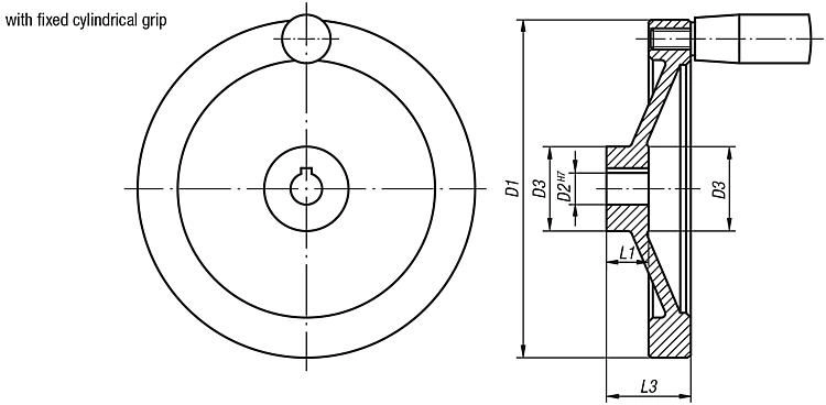 Disc Handwheel. Fixed Handle. 12mm H7 Reamed Hole. 100mm Overall Diameter. Aluminium.