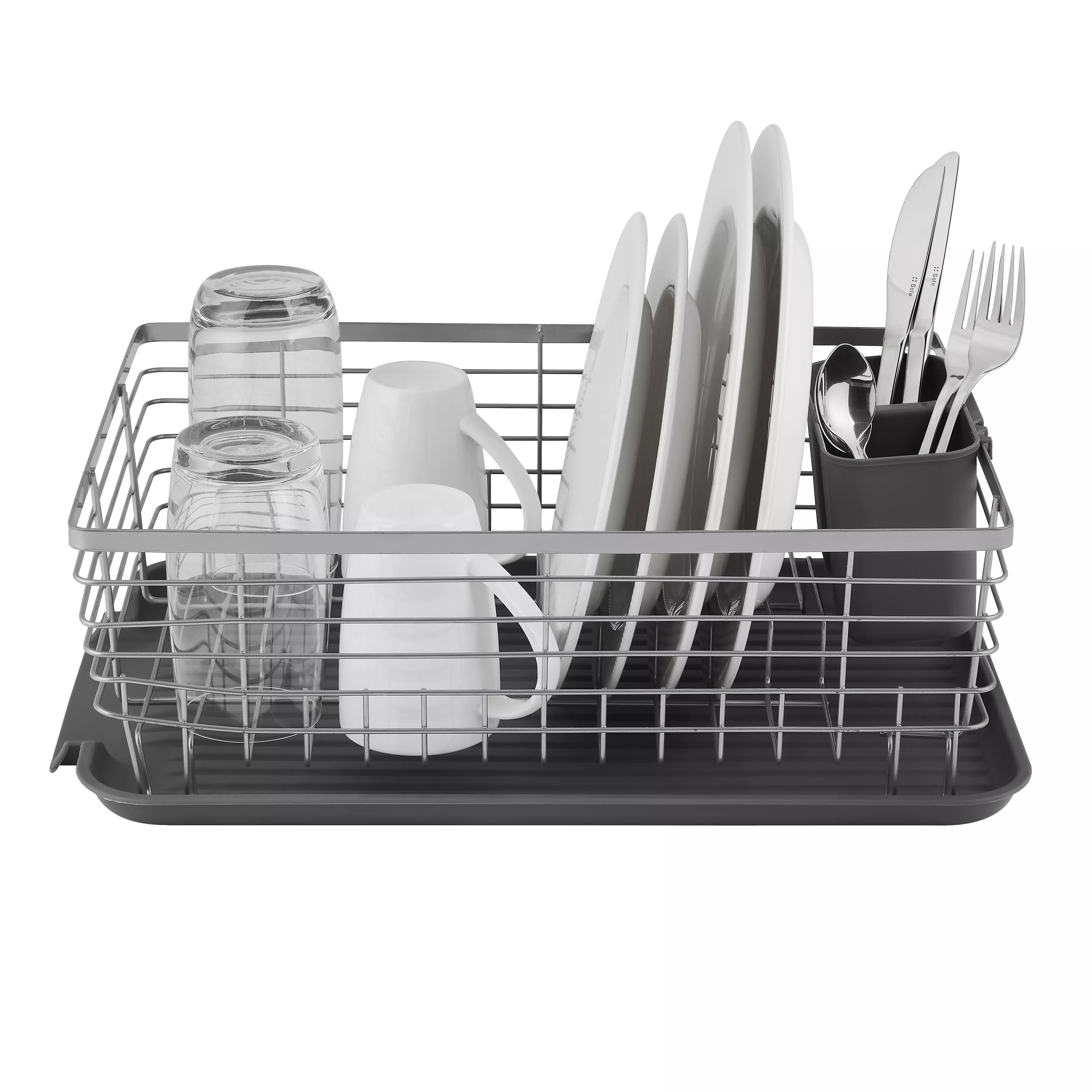 Compact Dish Rack w/ Cutlery Holder Grey