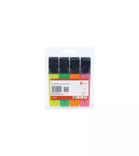 5 Star Office Highlighters Chisel Tip 1-5mm Line Assorted (Wallet of 4 different colours)