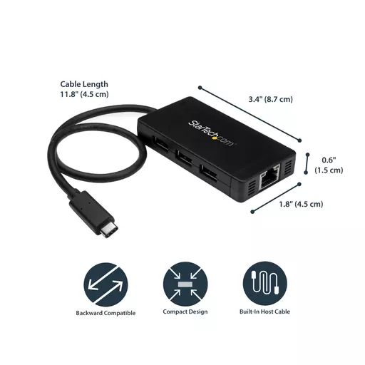 StarTech.com 3-Port USB 3.0 Hub plus Gigabit Ethernet - USB-C - Includes Power Adapter~3-Port USB-C Hub with Gigabit Ethernet - USB-C to 3x USB-A - USB 3.0 (5Gbps) - Includes Power Adapter