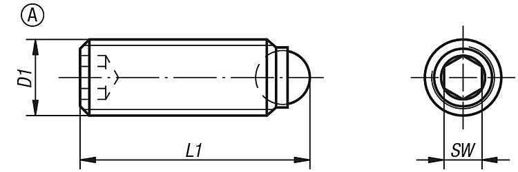 BALL-END THRUST SCREW WITHOUT HEAD, FORM:A WITH FULL BALL M12X1,5, L1=18, STEEL 10.9 BLACK, COMP:BALL-BEARING