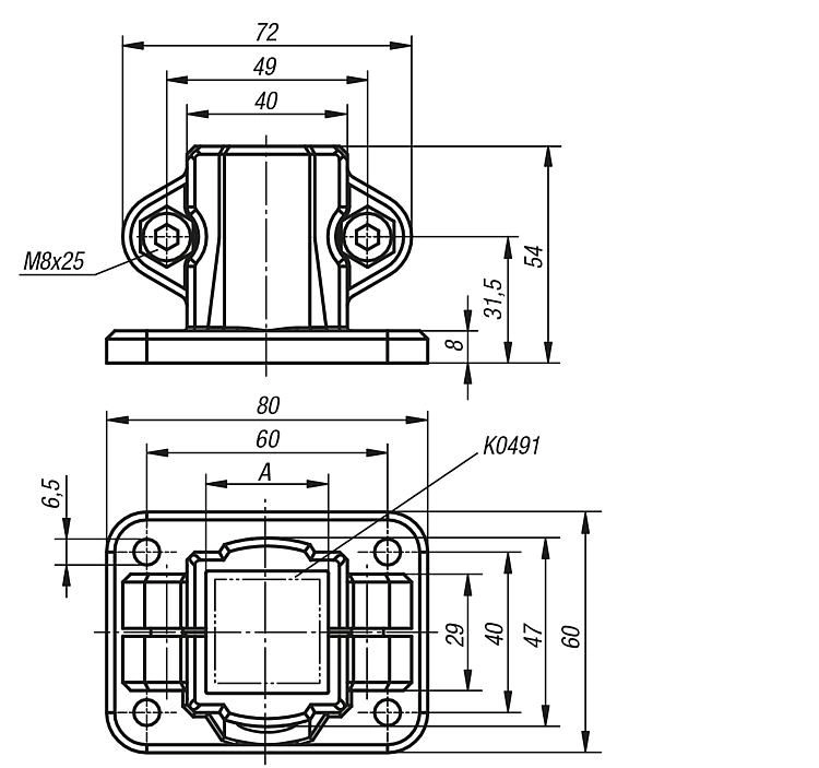 Tube Clamp With Foot. To Suit 30mm Square Tube. Plastic.