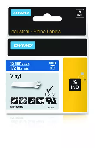 Dymo 1805243 Ribbon Vinyl white / blue 12mmx5,5m for Dymo Rhino 6-12mm/19mm/24mm