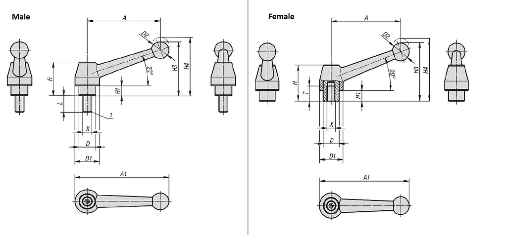 Clamp Lever. 83mm Handle Length. M12x45mm Steel Thread.