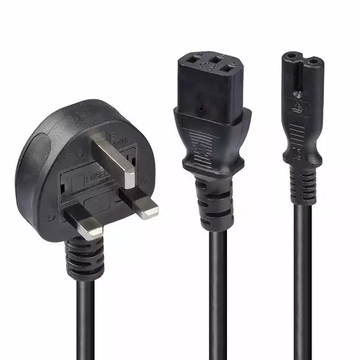 Lindy 2.5m UK 3 Pin Plug to IEC C13 & IEC C7 Splitter Extension Cable, Black