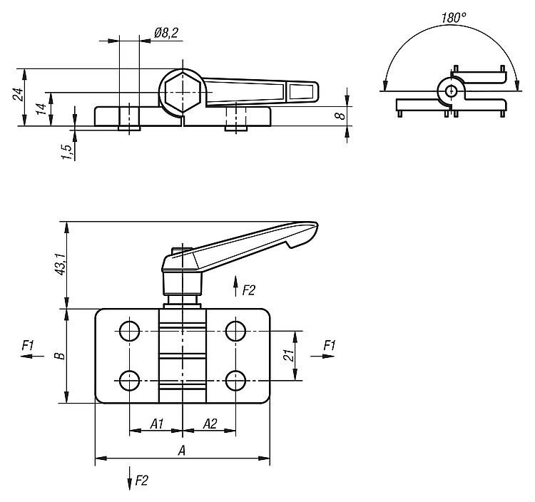 Hinge With Locking Lever. Zinc & Steel. 74x40mm. 50x21mm Hole Centres.