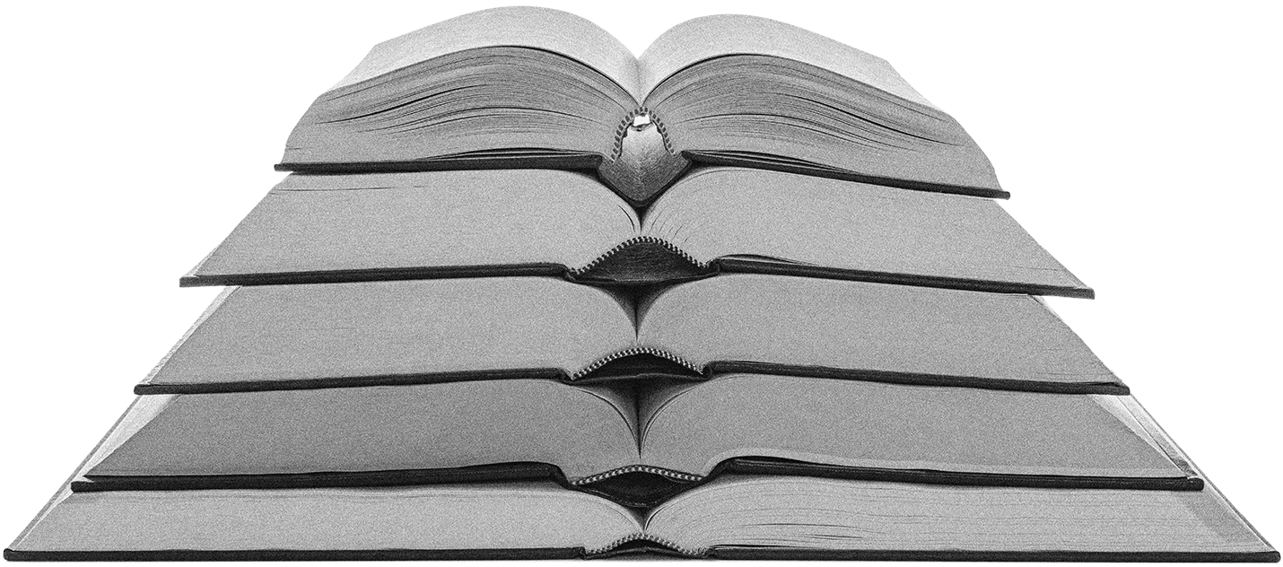 Black and white image of a stack of open books