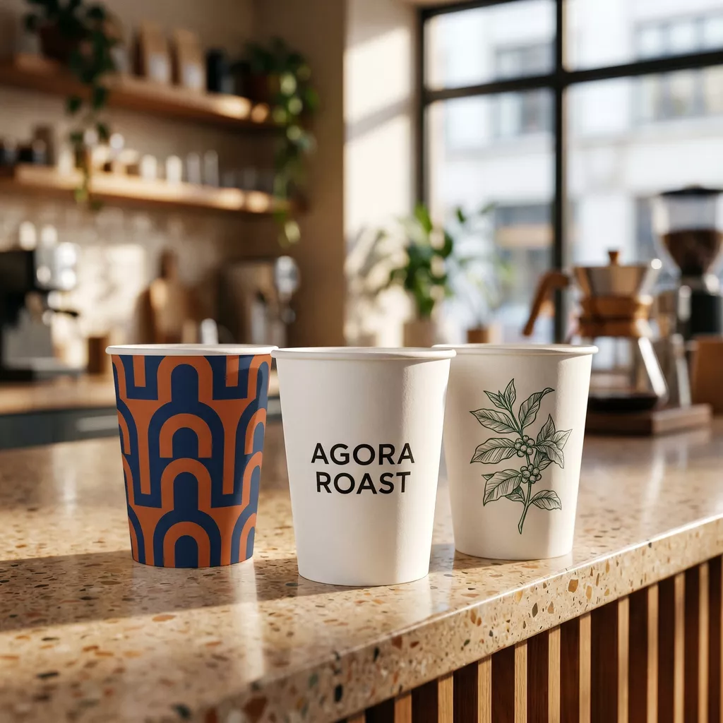 Custom printed branded coffee cup with illustrated design