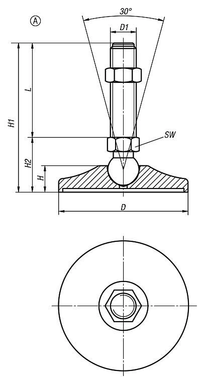 Swivel Foot. 65mm Foot Diameter. M16x150mm Thread. Steel. Anti-Slip Base.
