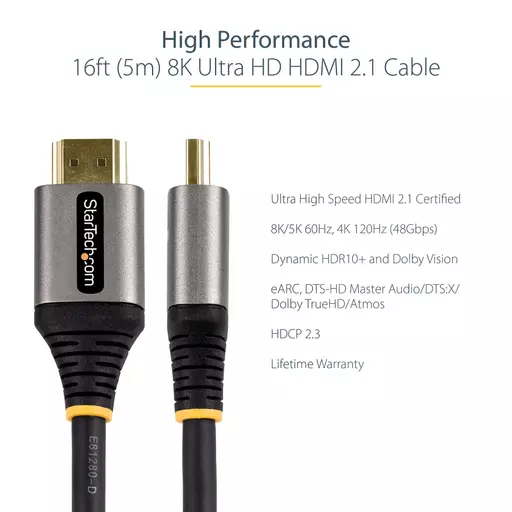 StarTech.com 16ft (5m) HDMI 2.1 Cable 8K - Certified Ultra High Speed HDMI Cable 48Gbps - 8K 60Hz/4K 120Hz HDR10+ eARC - Ultra HD 8K HDMI Cable - Monitor/TV/Display - Flexible TPE Jacket