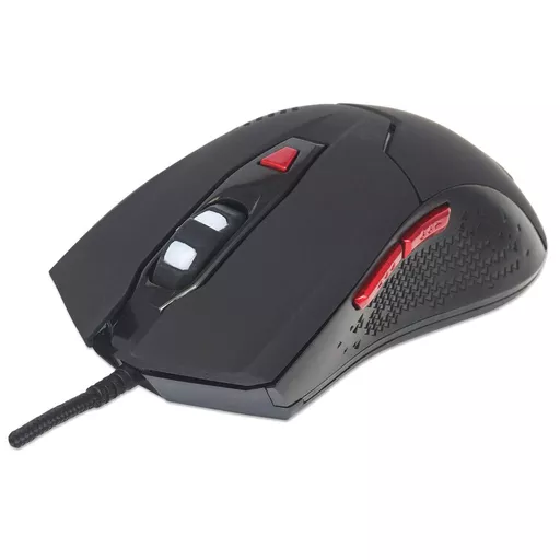 Manhattan Wired Optical Gaming USB-A Mouse with LEDs (Clearance Pricing), 480 Mbps (USB 2.0), Six Button, Scroll Wheel, 800-2400dpi, Black with Red Buttons, Three Year Warranty