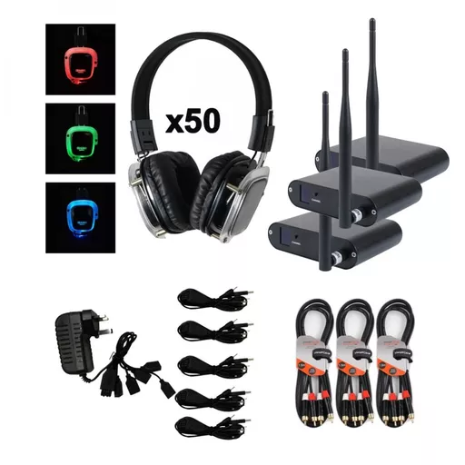 W Audio Silent Disco Pack x50 Headphones with x3 Transmitter Bundle