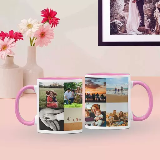 Personalised Pink Colour Inside Mug with 8 Photo Collage