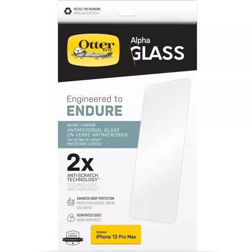 OtterBox Alpha Glass Screen Protector for iPhone 13 Pro Max, Tempered Glass, x2 Scratch Protection, Antimicrobial Protection