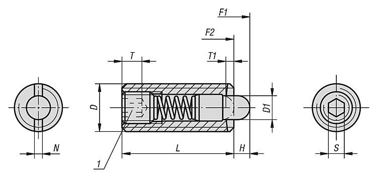 Spring Plunger. Thread M10. Length 22mm. Ball Diameter 4mm. Spring Force 8N. Stainless Steel.
