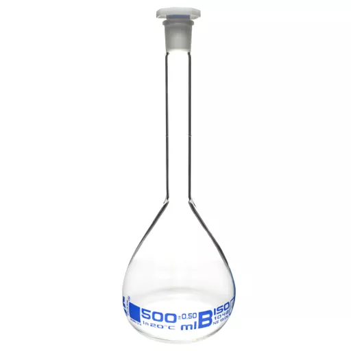 Flask, volumetric, glass, stoppered (polypropylene), class B, 500 cm3