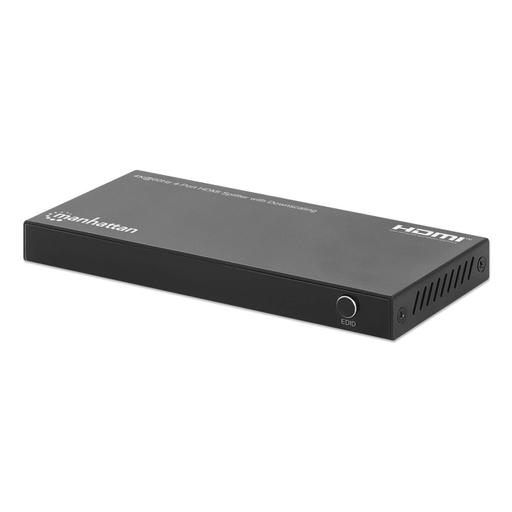 Manhattan HDMI Splitter with downscaling 4-Port , 4K@60Hz, Displays output from x1 HDMI source to x4 HD displays (same output to four displays), Downscale button to adjust a 4K input signal into 1080p, Micro-USB to USB-A power cable included (cable 0.8m),