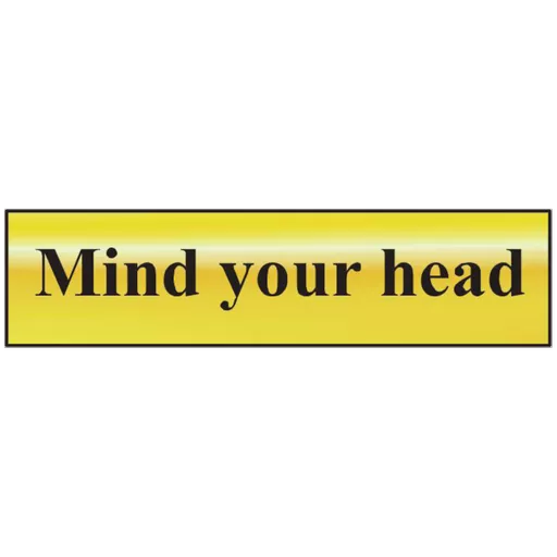 ASEC `Mind Your Head` 200mm x 50mm Gold Self Adhesive Sign