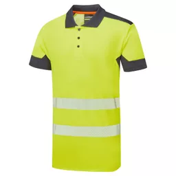 SYH-304C-System-Hi-Vis-Eco-CottonCool-Short-Sleeve-Yellow-Navy-Polo-Front Angle Left With Segmented Tape.png